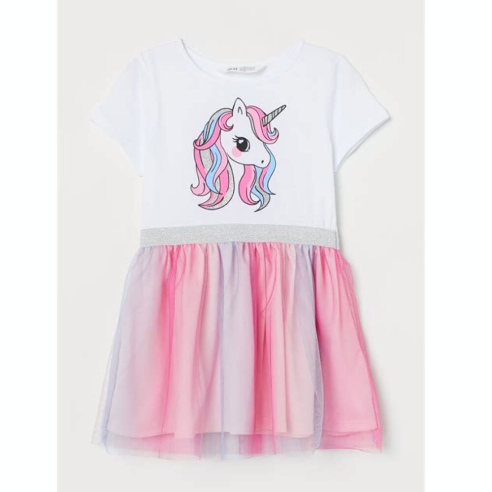 H&M Girls Printed Cotton Unicorn Pink Tulle Skirt Dress 6
